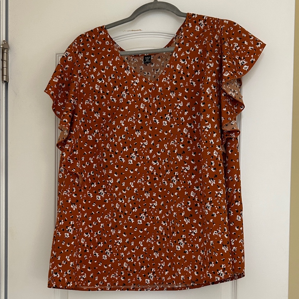 SHEIN Rust Floral Ruffle Sleeve Blouse